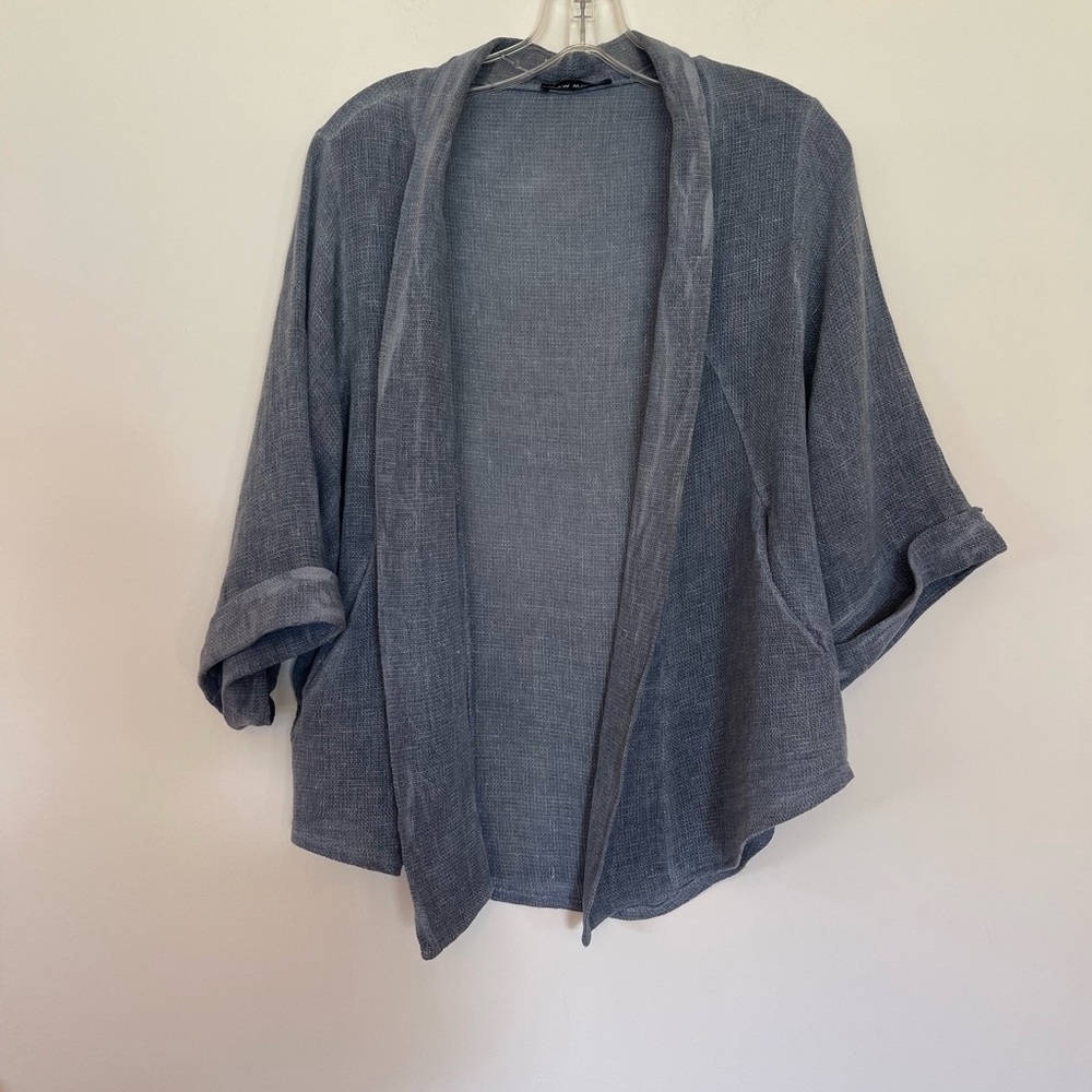 Raw Moda Linen Blend Lightweight Open Front Cardigan in Washed Slate Blue Gray